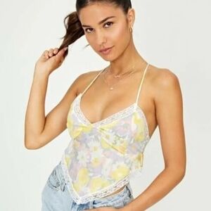 Glassons Soft Pastel Floral Crop Cami Lace Trim Cross Back Size Fits US 12 Tank